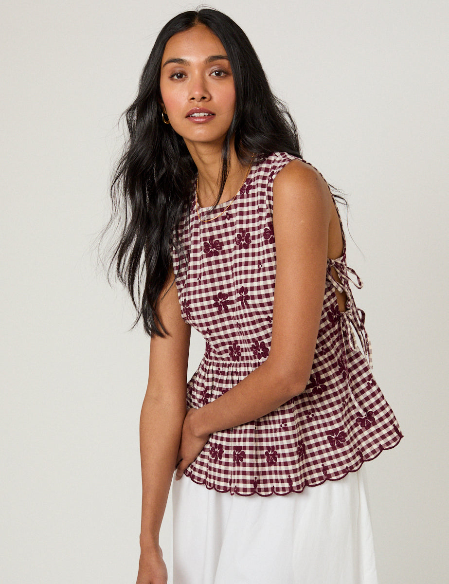 Nobody's Child - Burgundy Gingham Side Tie Top