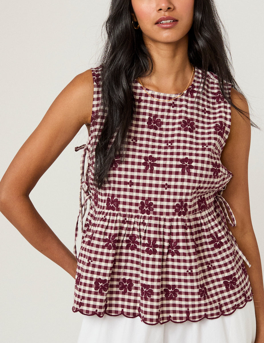 Nobody's Child Burgundy Gingham Side Tie Top
