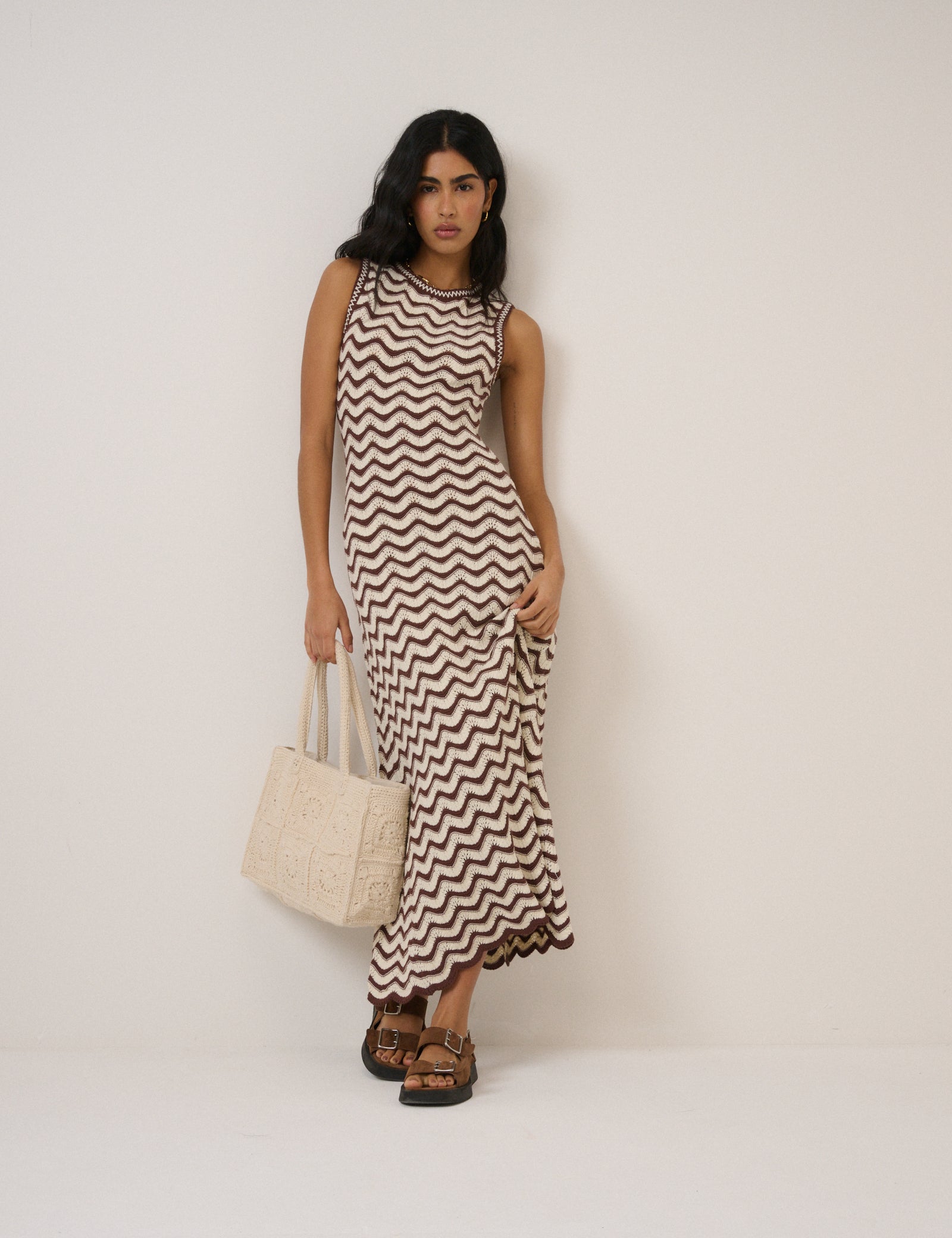 Nobody's Child - Cream and Brown Knitted Midi Dress