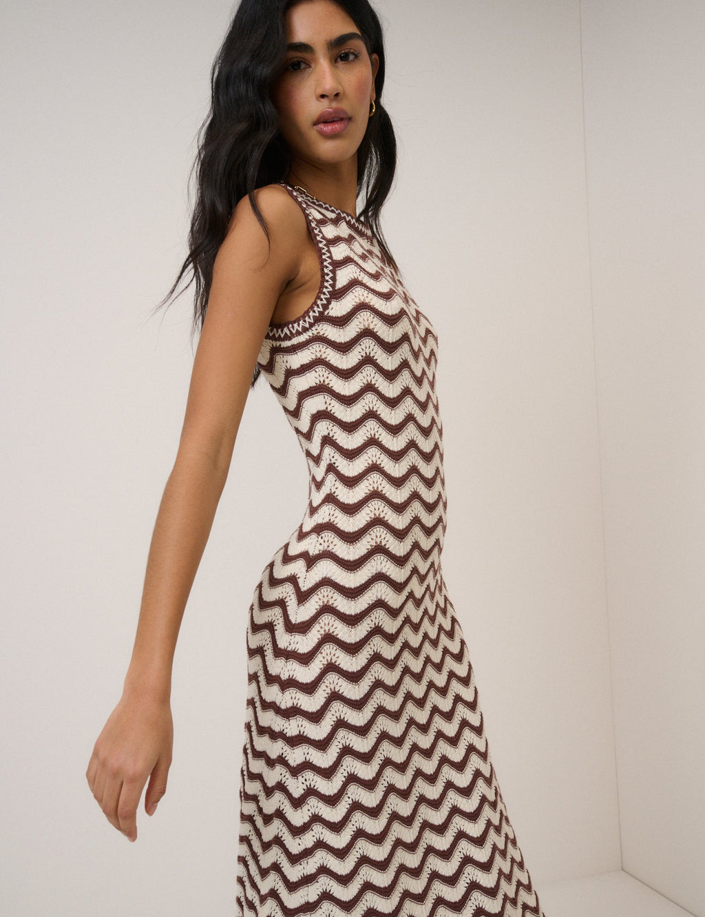 Nobody's Child Cream and Brown Knitted Midi Dress