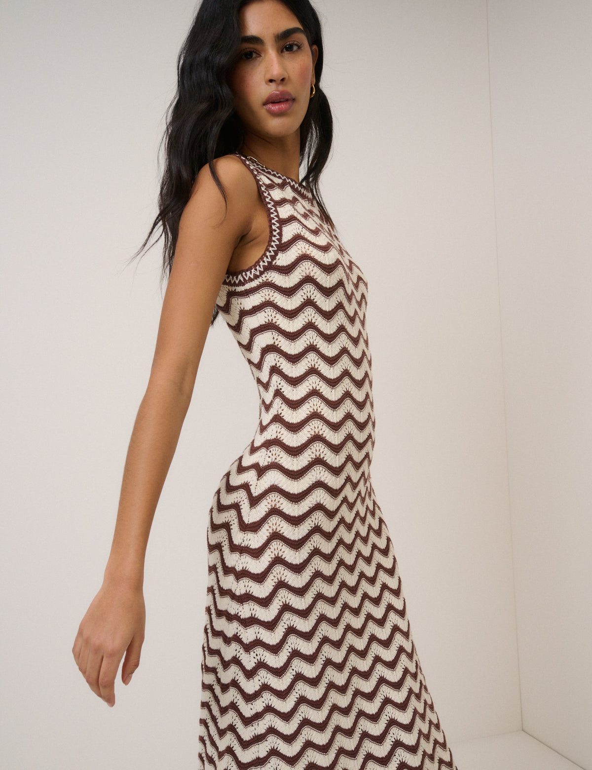 Nobody's Child Cream and Brown Knitted Midi Dress