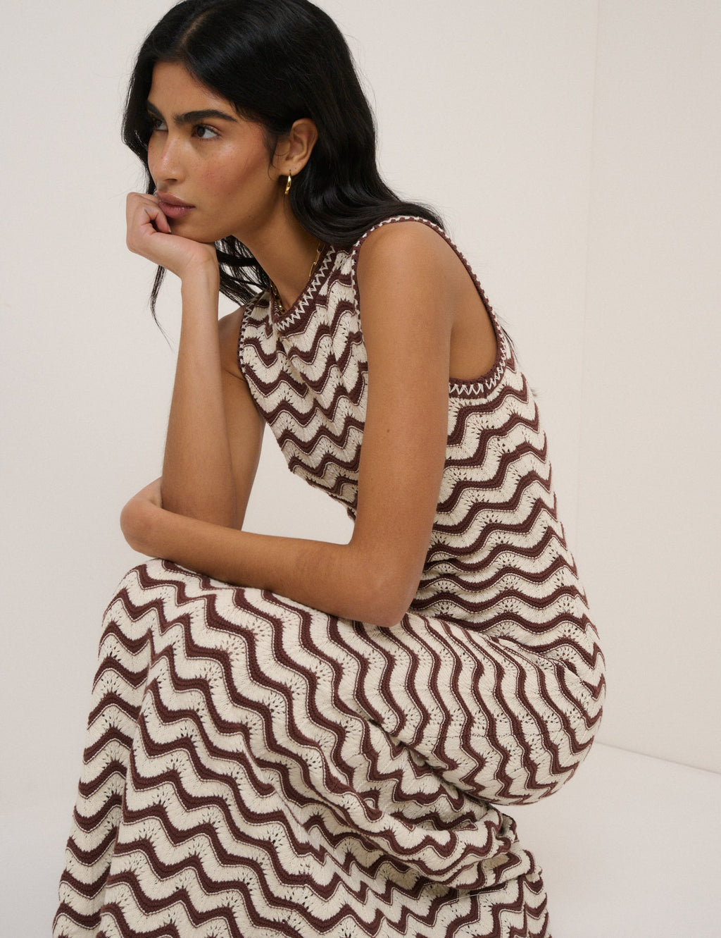 Nobody's Child Cream and Brown Knitted Midi Dress