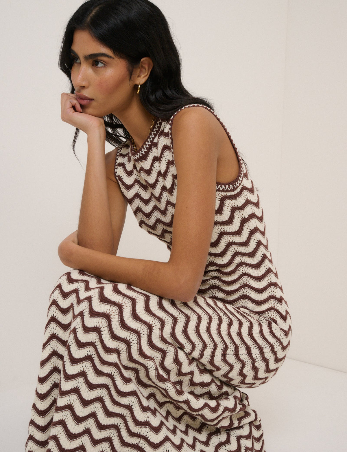 Nobody's Child Cream and Brown Knitted Midi Dress